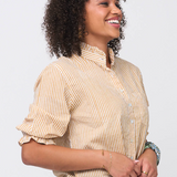 Good Girlfriend Shirt with Ruffle Trim Menswear Stripe Honeycomb