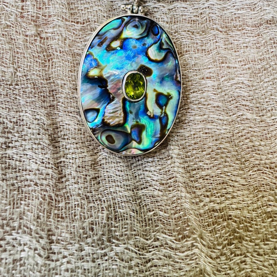 Abalone & Peridot Gem Pendant Necklace – Bali Silver & Green Garnet, 17”–19”Ziabird Private LabelNECKLACES