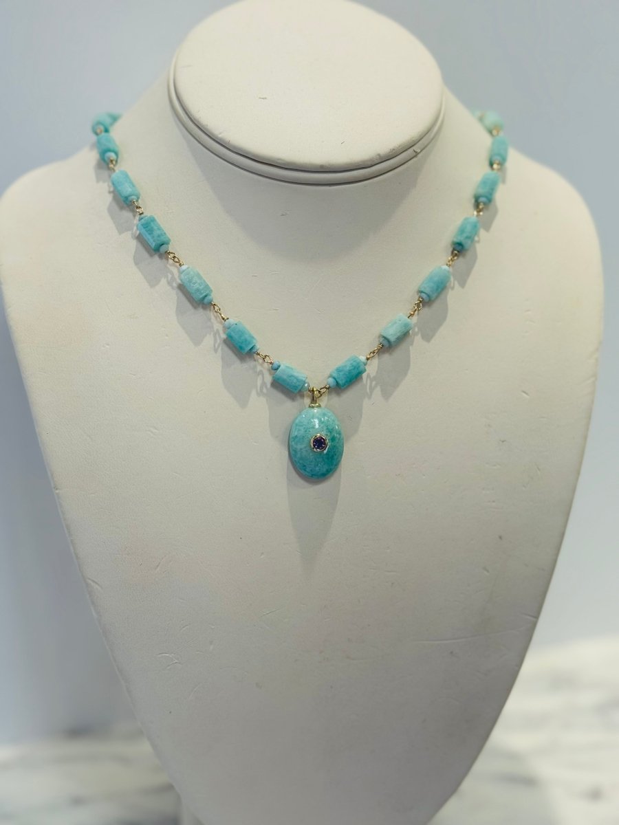 Amazonite Oval Pendant With Amethyst And Amazonite Tube Short NecklaceBeth ZinkNECKLACES