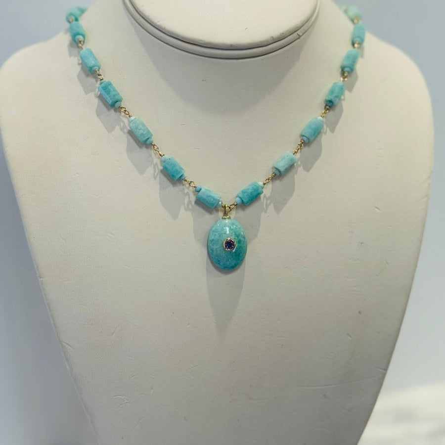 Amazonite Oval Pendant With Amethyst And Amazonite Tube Short NecklaceBeth ZinkNECKLACES