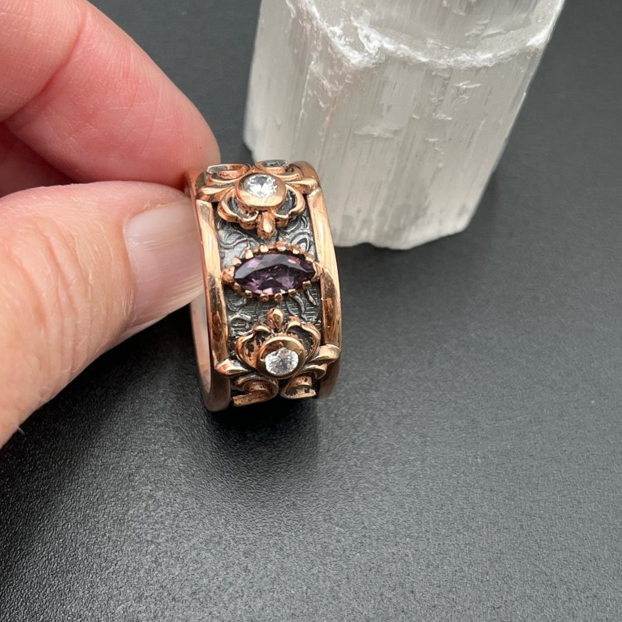 Amethyst and CZs Encircle the Band of Oxidized SilverBORARINGS