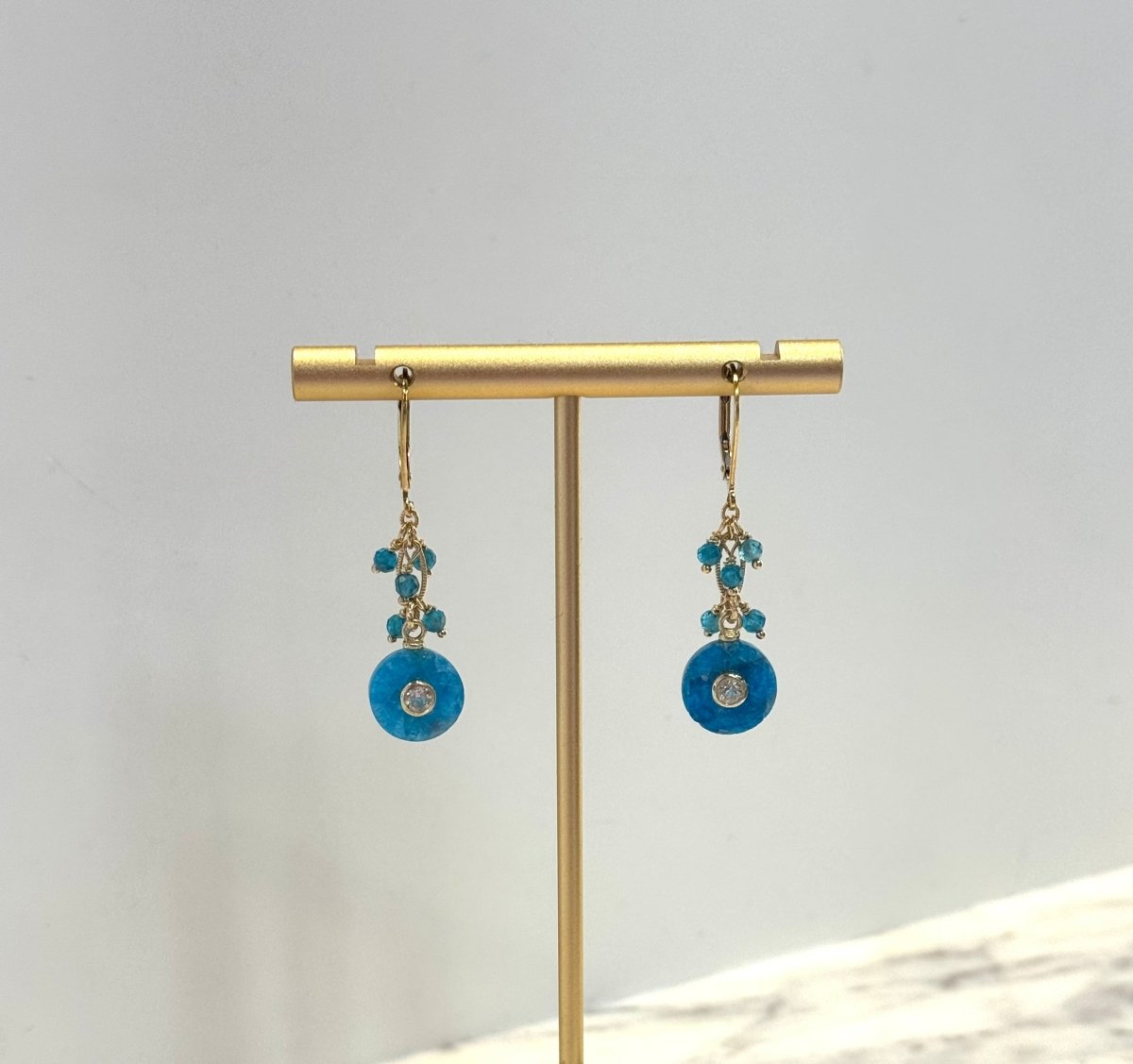 Apatite Coin Gemstones With White Topaz Center On 14Kgf Leverback EarringsBeth ZinkEARRINGS