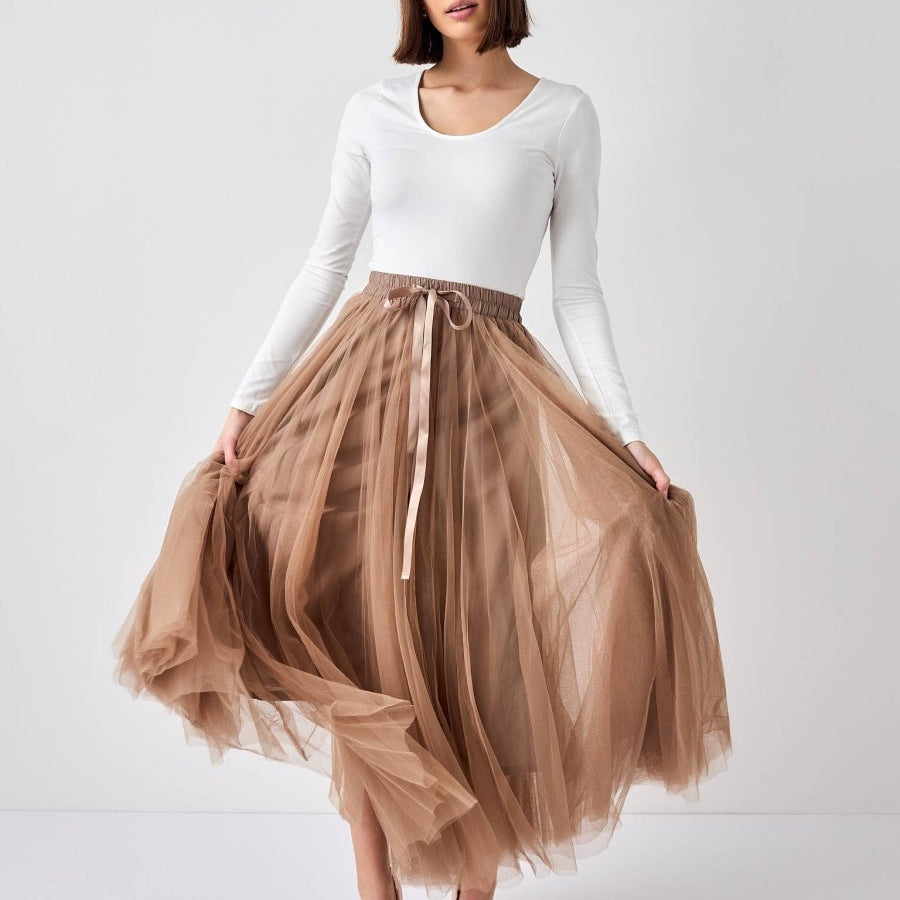Aria long tulle skirt : TaupeCHOKLATE PARISSKIRT