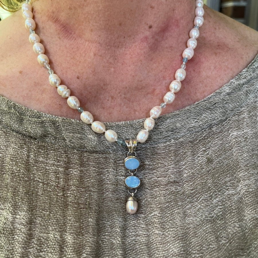 Australian Opal & Pearl Drop Necklace – Aquamarine Accents, 17”–19”Ziabird Private LabelNECKLACES