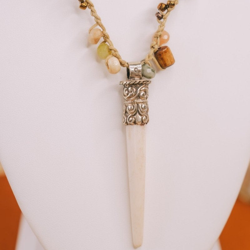 Bali Silver & Bone Pendant Beaded NecklaceMelody Vintage JewelryNecklace