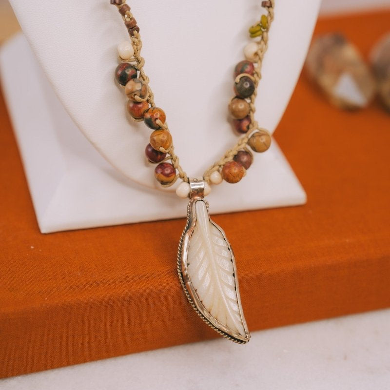 Bali Silver Feather Pendant & Beaded NecklaceMelody Vintage JewelryNecklace