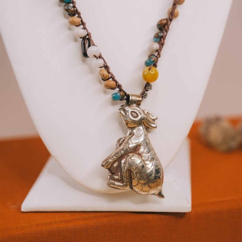 Bali Silver Rabbit Pendant & Beaded NecklaceMelody Vintage JewelryNecklace