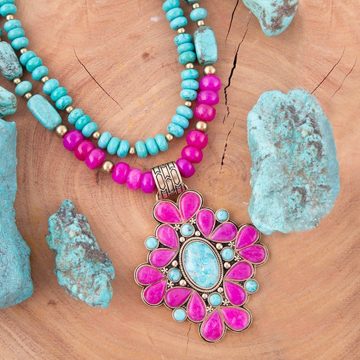 Barcelona Pink Agate Cross Pendant Necklace with TurquoiseBarse JewelryNECKLACES