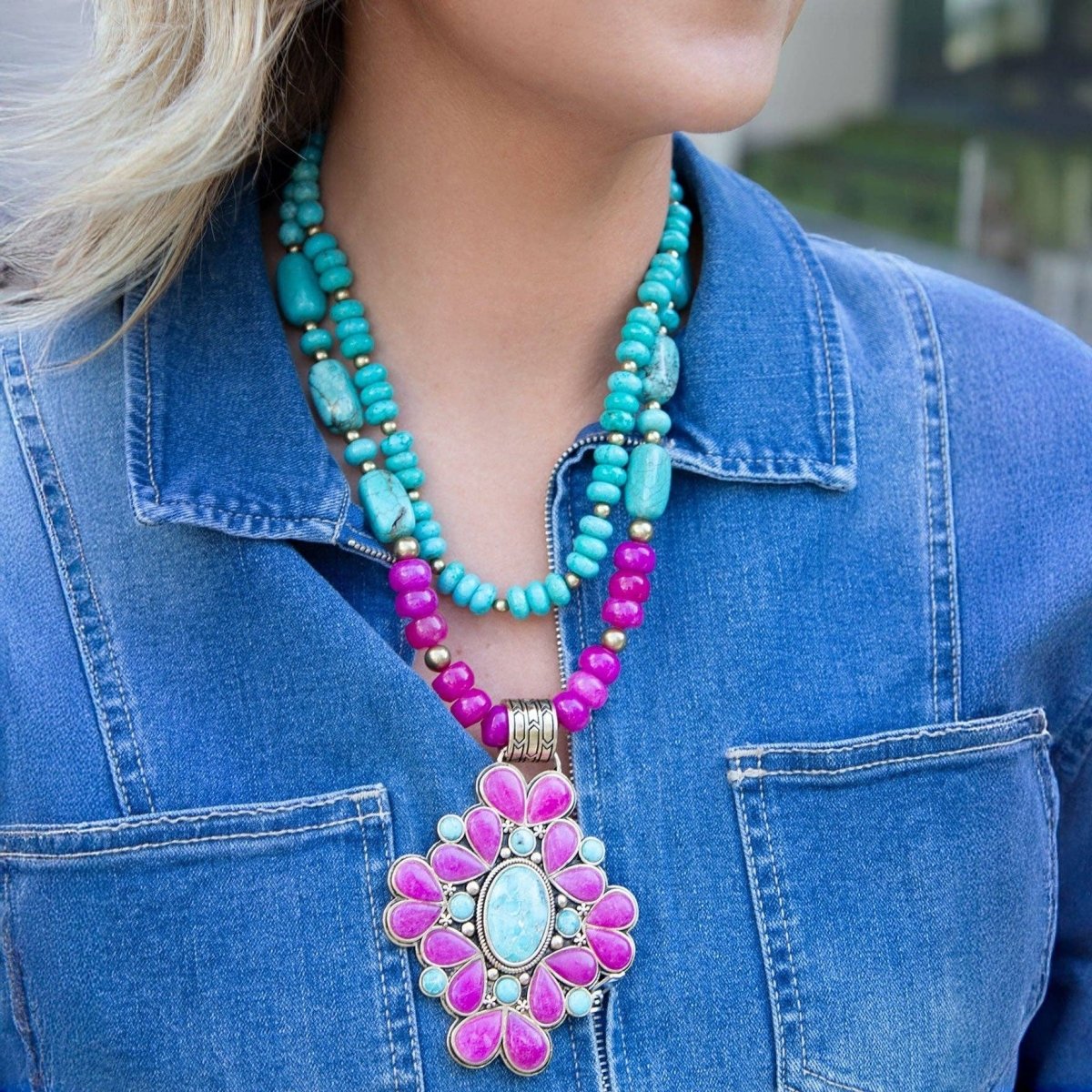Barcelona Pink Agate Cross Pendant Necklace with TurquoiseBarse JewelryNECKLACES