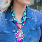 Barcelona Pink Agate Cross Pendant Necklace with TurquoiseBarse JewelryNECKLACES
