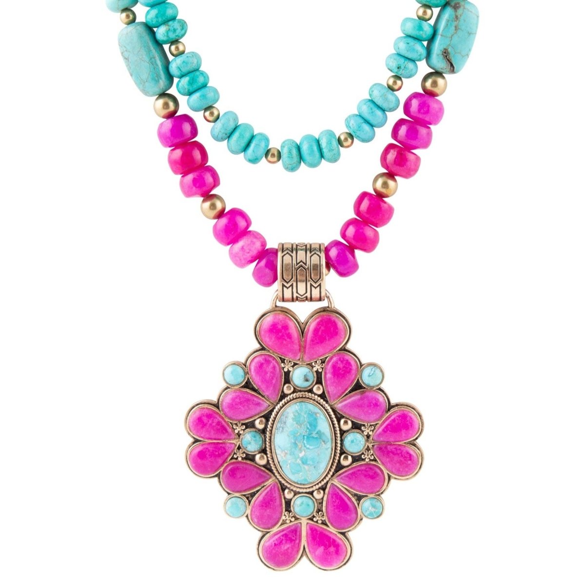 Barcelona Pink Agate Cross Pendant Necklace with TurquoiseBarse JewelryNECKLACES
