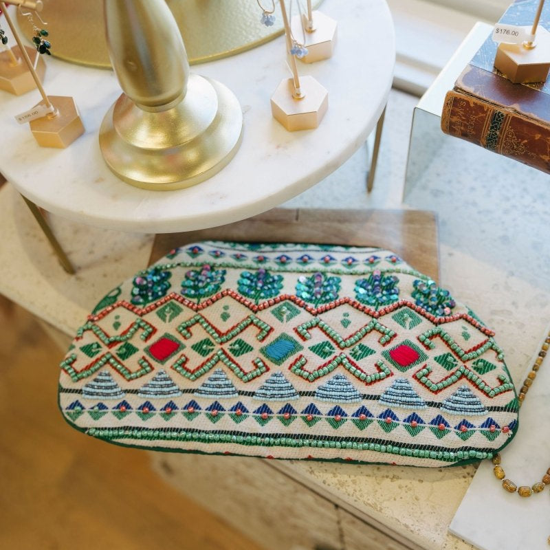 Beaded Cotton Clutch with Wooden HandleChloe & LexBAGS