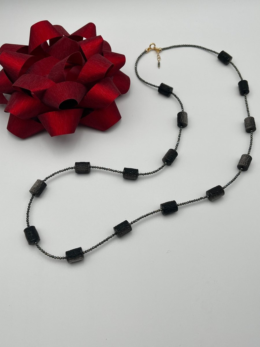 Black Obsidian Carved Barrels With Pyrite NecklaceBeth ZinkNECKLACES