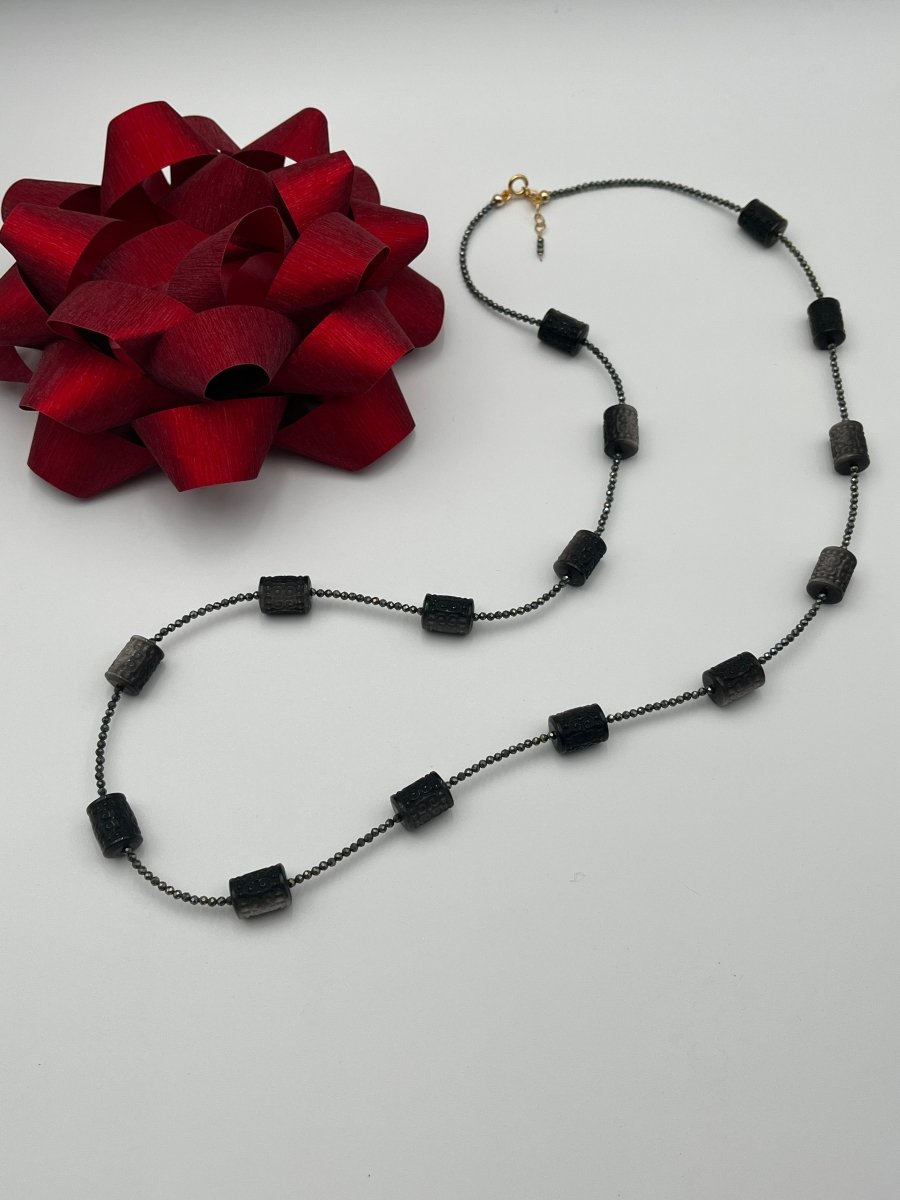 Black Obsidian Carved Barrels With Pyrite NecklaceBeth ZinkNECKLACES