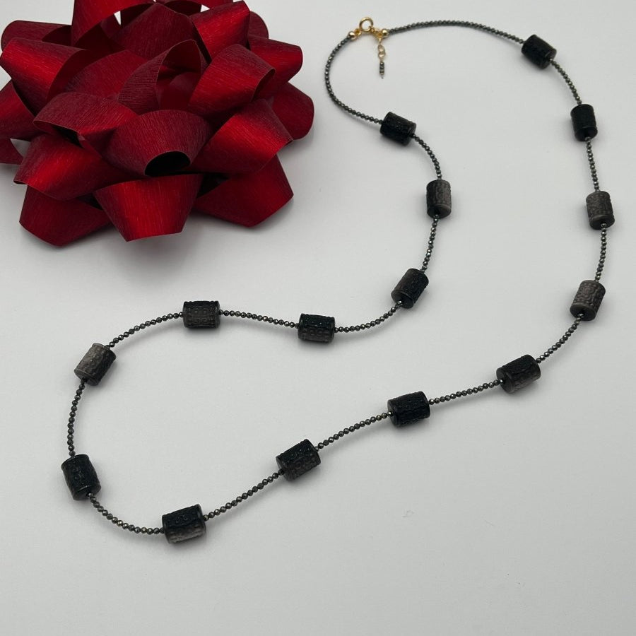 Black Obsidian Carved Barrels With Pyrite NecklaceBeth ZinkNECKLACES