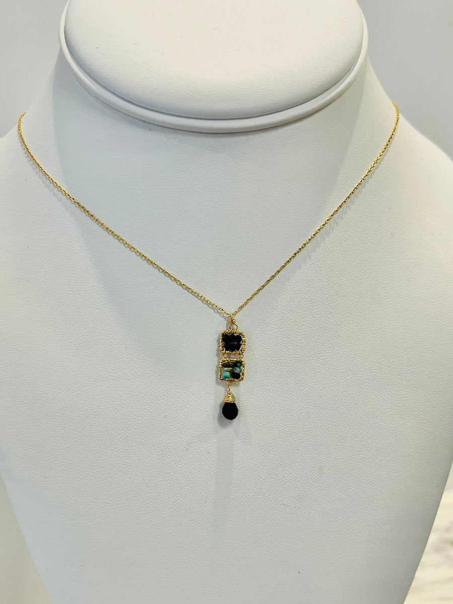 Black Spinel, Olive Ethiopian Opal, Sapphire, Natural Blue Zircon, Pearl & Turquoise Necklace 4244 - C - B - BS/OO/BS - GMichelle PresslerNECKLACES