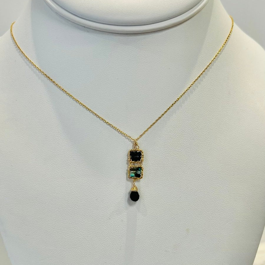 Black Spinel, Olive Ethiopian Opal, Sapphire, Natural Blue Zircon, Pearl & Turquoise Necklace 4244 - C - B - BS/OO/BS - GMichelle PresslerNECKLACES