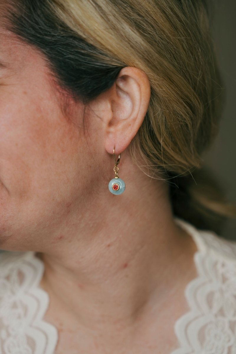 Blue Lace Agate Coin With Garnet Center Leverback EarringsBeth ZinkEARRINGS