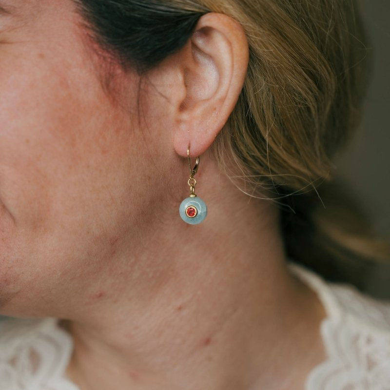 Blue Lace Agate Coin With Garnet Center Leverback EarringsBeth ZinkEARRINGS