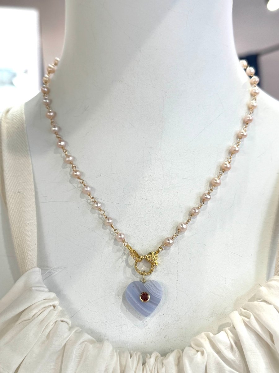 Blue Lace Agate Heart Pendant With Garnet And Pale Pink Freshwater Pearls With Pave Diamond ClaspBeth ZinkNECKLACES