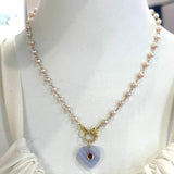 Blue Lace Agate Heart Pendant With Garnet And Pale Pink Freshwater Pearls With Pave Diamond ClaspBeth ZinkNECKLACES