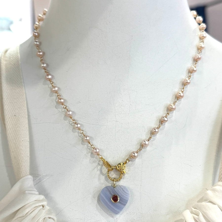 Blue Lace Agate Heart Pendant With Garnet And Pale Pink Freshwater Pearls With Pave Diamond ClaspBeth ZinkNECKLACES