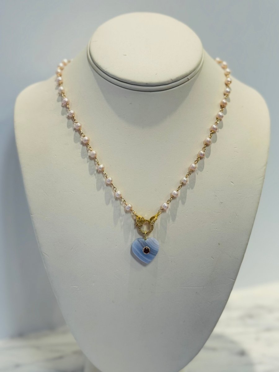 Blue Lace Agate Heart Pendant With Garnet And Pale Pink Freshwater Pearls With Pave Diamond ClaspBeth ZinkNECKLACES