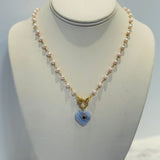 Blue Lace Agate Heart Pendant With Garnet And Pale Pink Freshwater Pearls With Pave Diamond ClaspBeth ZinkNECKLACES