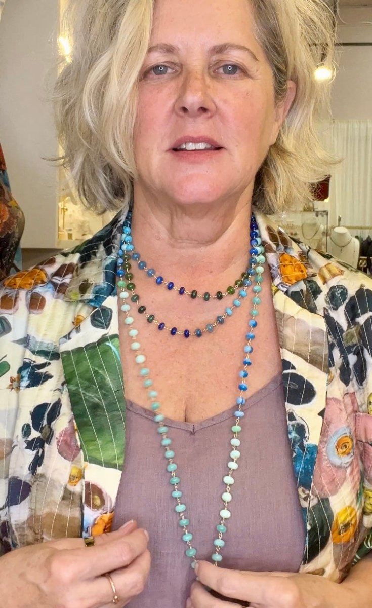 Blue Opal Smooth Rondelles Wire Wrapped Long NecklaceBeth ZinkNECKLACES