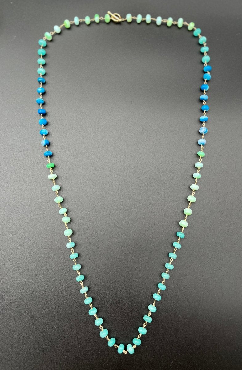Blue Opal Smooth Rondelles Wire Wrapped Long NecklaceBeth ZinkNECKLACES