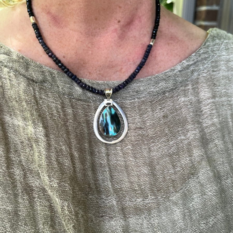 Blue Rainbow Shell Pendant Necklace – Sapphire & Black Tourmaline, 17”–19”Ziabird Private LabelNECKLACES