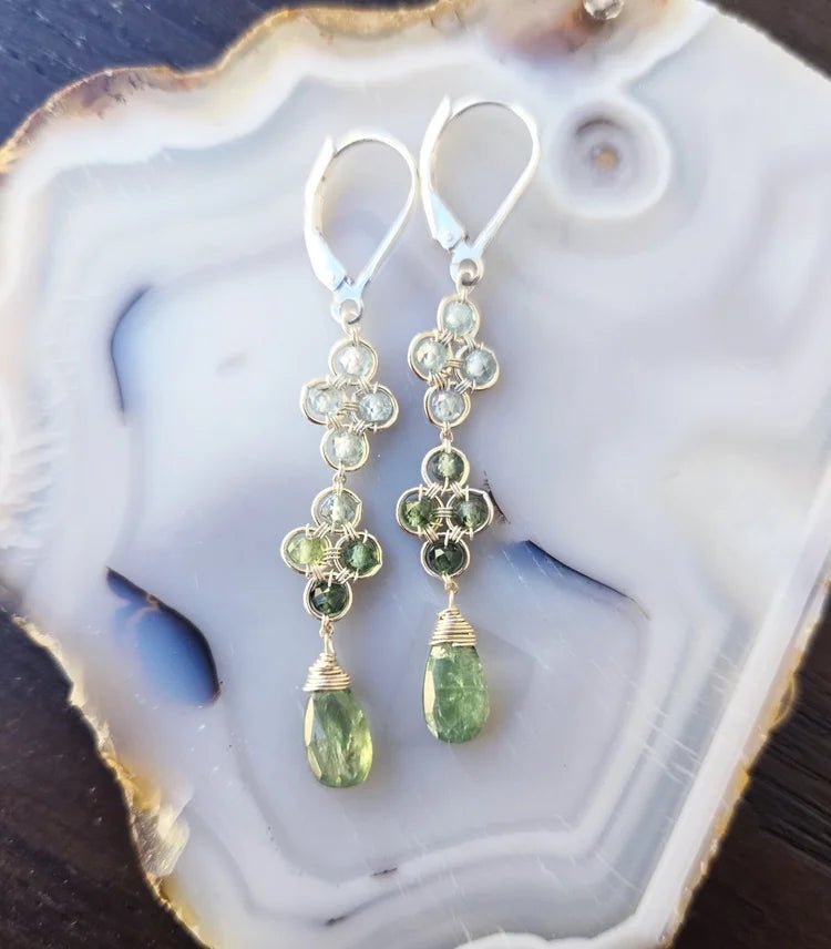 Blue Zircon & Green Tourmaline Clover Drop Earrings with KyaniteMichelle PresslerEARRINGS