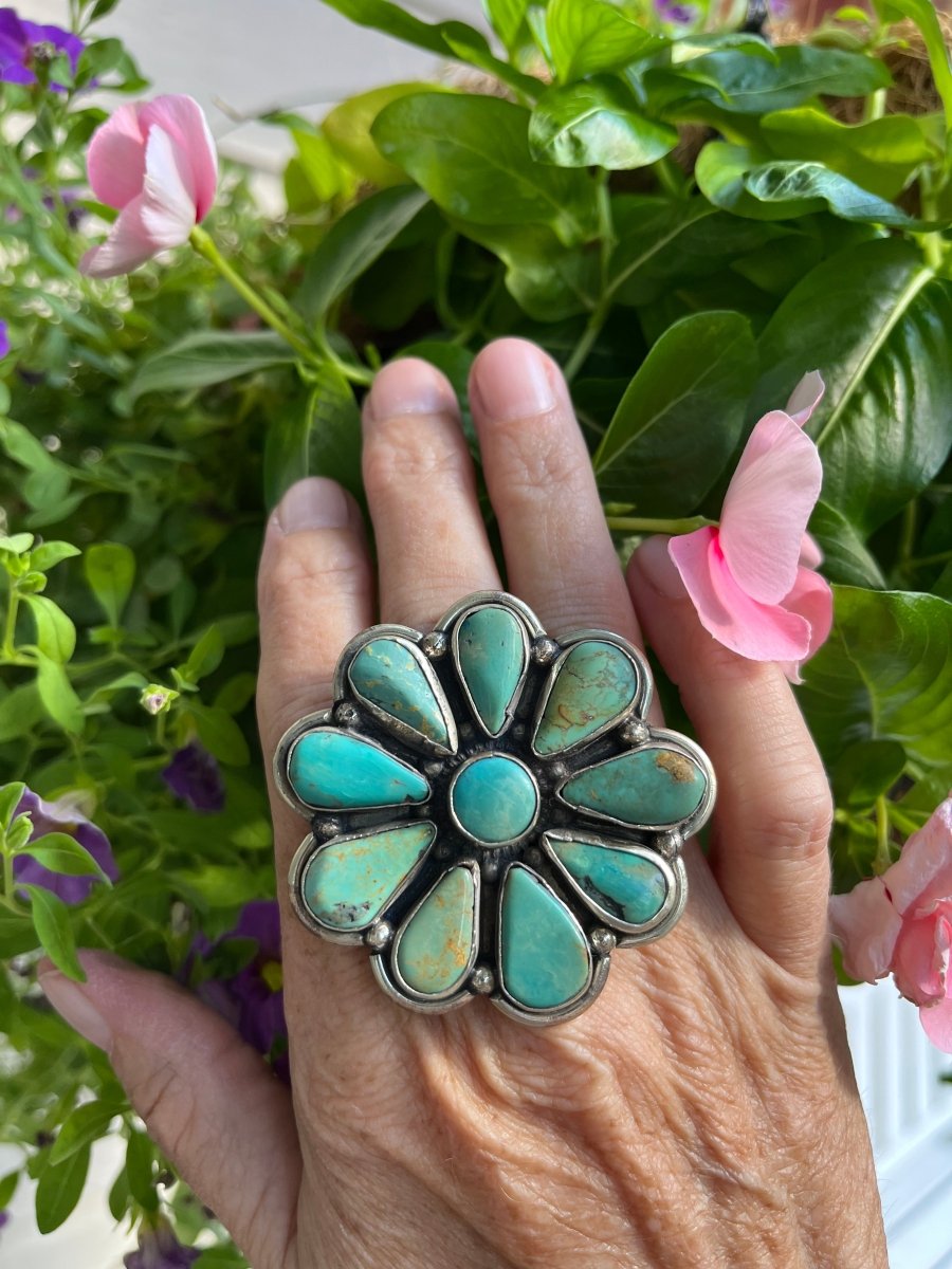 Bold Green Turquoise Blossom Ring – AdjustableZiabirdRINGS