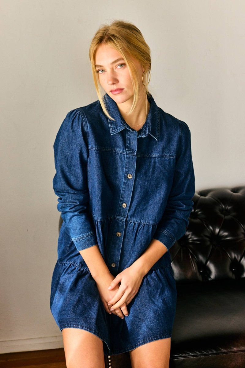 Button Down Babydoll Ruffle Denim Dress – Classic BlueLara DaisyDRESS