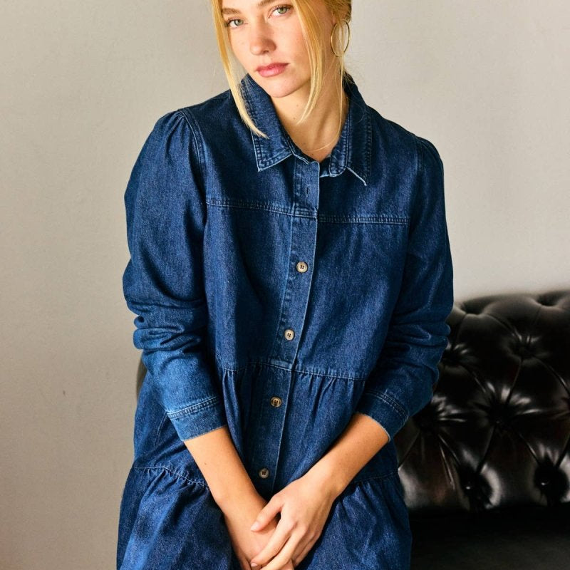 Button Down Babydoll Ruffle Denim Dress – Classic BlueLara DaisyDRESS