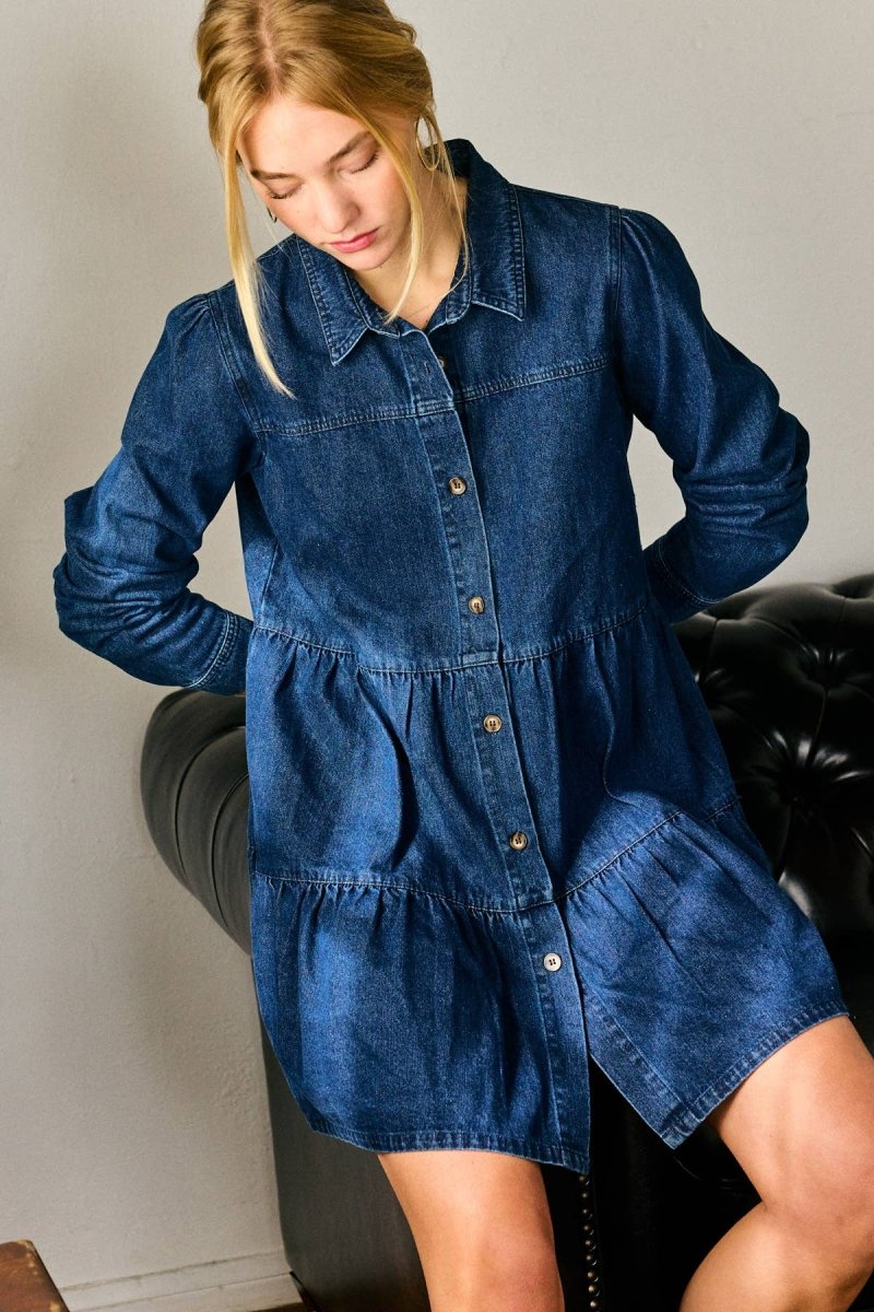 Button Down Babydoll Ruffle Denim Dress – Classic BlueLara DaisyDRESS