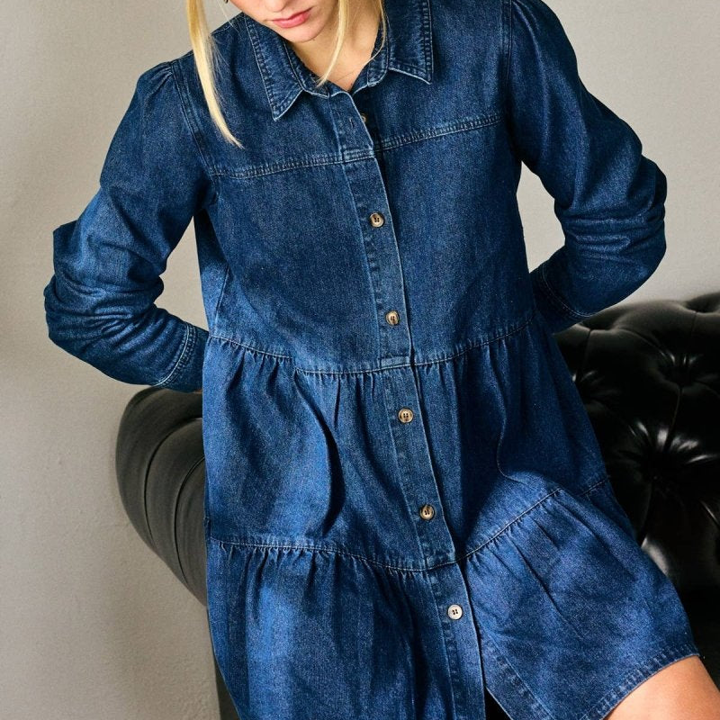 Button Down Babydoll Ruffle Denim Dress – Classic BlueLara DaisyDRESS