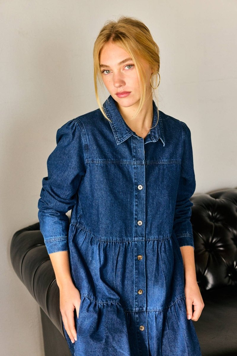 Button Down Babydoll Ruffle Denim Dress – Classic BlueLara DaisyDRESS