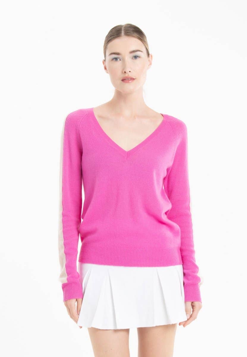 Cashmere V - neck Sweater: Barbie pink with Nude StripeSTUDIO CASHMERE8SWEATER