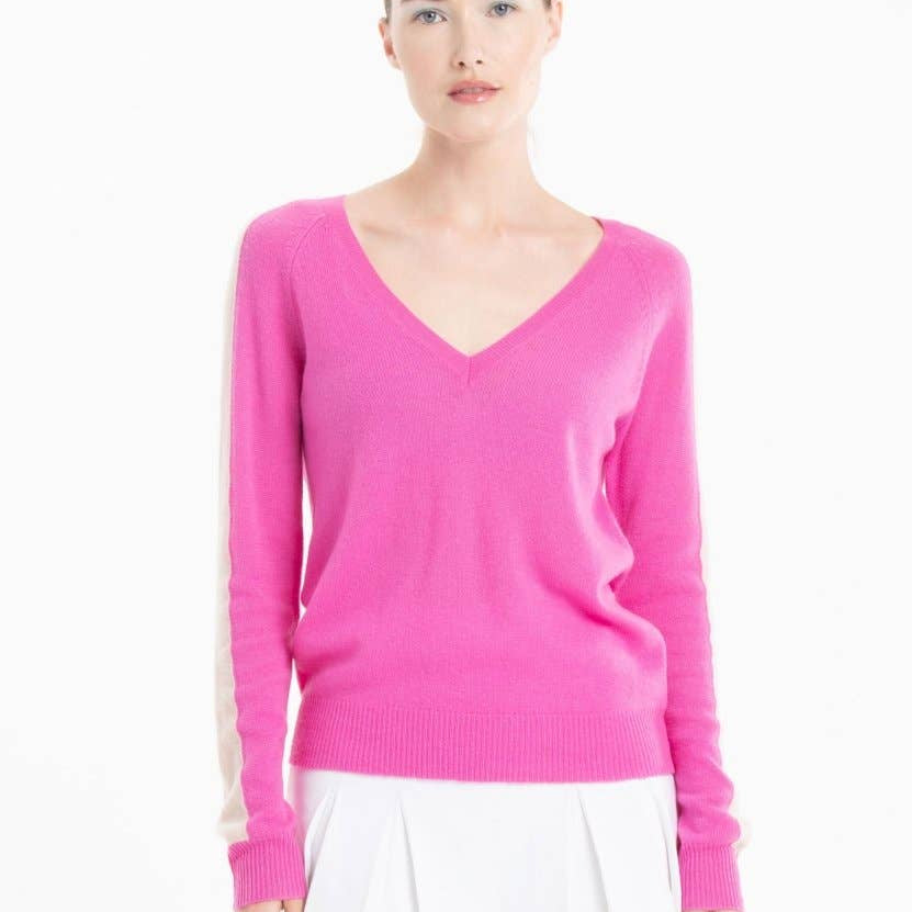 Cashmere V - neck Sweater: Barbie pink with Nude StripeSTUDIO CASHMERE8SWEATER