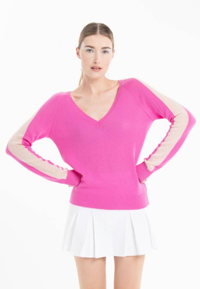 Cashmere V - neck Sweater: Barbie pink with Nude StripeSTUDIO CASHMERE8SWEATER