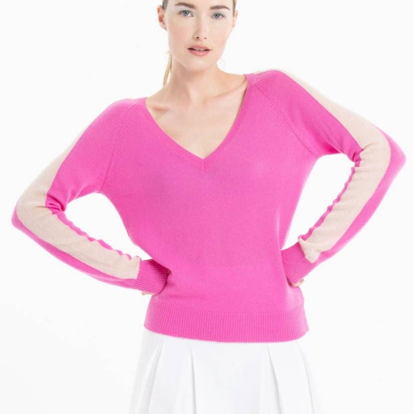 Cashmere V - neck Sweater: Barbie pink with Nude StripeSTUDIO CASHMERE8SWEATER