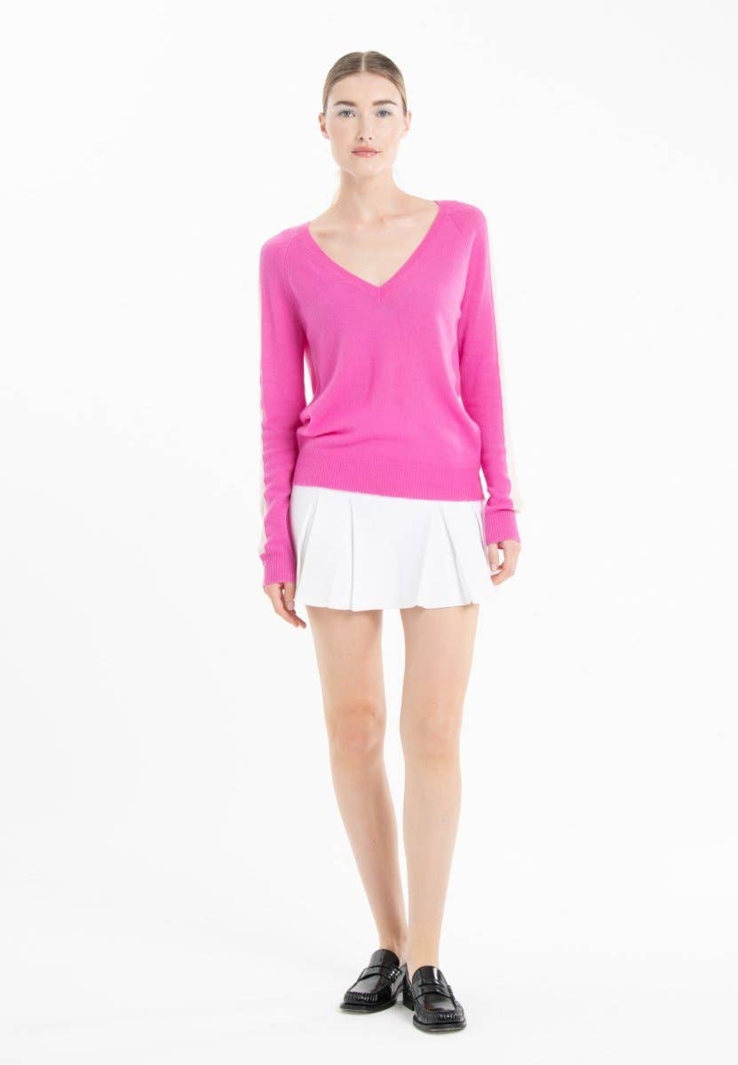 Cashmere V - neck Sweater: Barbie pink with Nude StripeSTUDIO CASHMERE8SWEATER