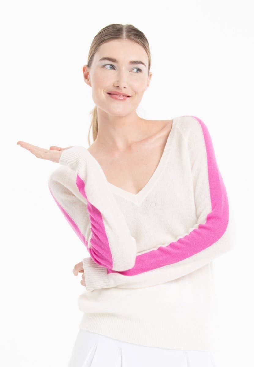 Cashmere V - Neck Sweater – Off - White with Barbie Pink StripeSTUDIO CASHMERE8SWEATER