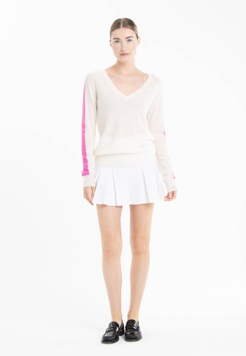 Cashmere V - Neck Sweater – Off - White with Barbie Pink StripeSTUDIO CASHMERE8SWEATER