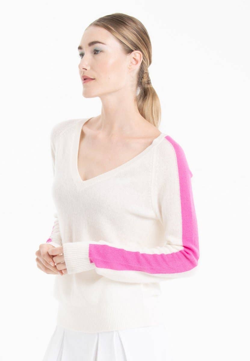 Cashmere V - Neck Sweater – Off - White with Barbie Pink StripeSTUDIO CASHMERE8SWEATER