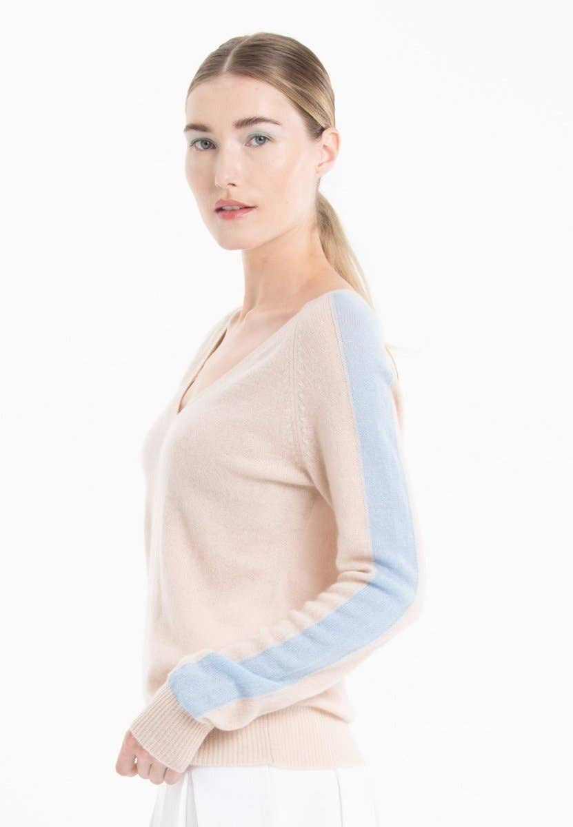 Cashmere V - Neck Sweater – Peau/BleuSTUDIO CASHMERE8SWEATER