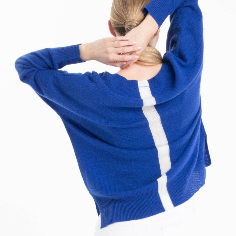 Cashmere V - Neck Sweater – Petrol Blue with Ecru StripeSTUDIO CASHMERE8TOPS