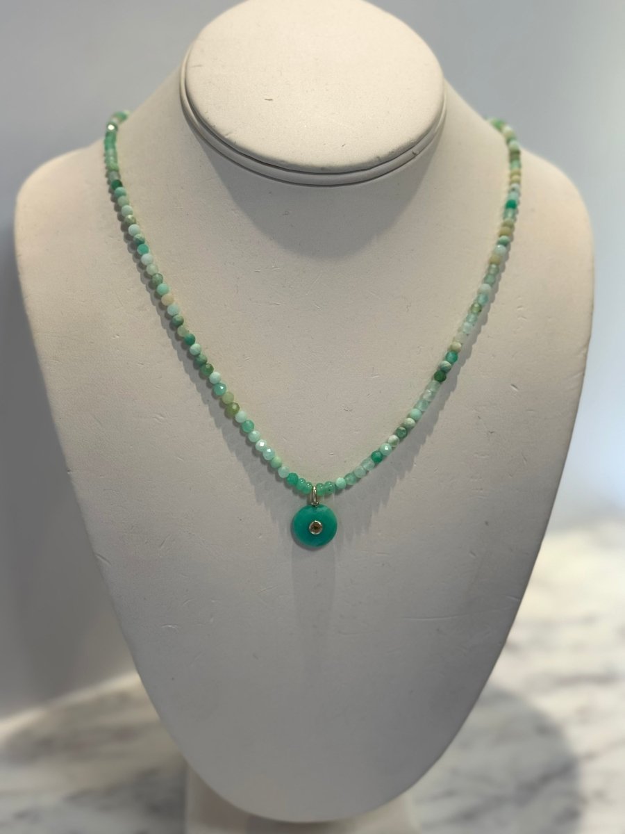 Chrysoprase Pendant With Citrine Center On Mixed Chrysoprase Rondelles NecklaceBeth ZinkNECKLACES