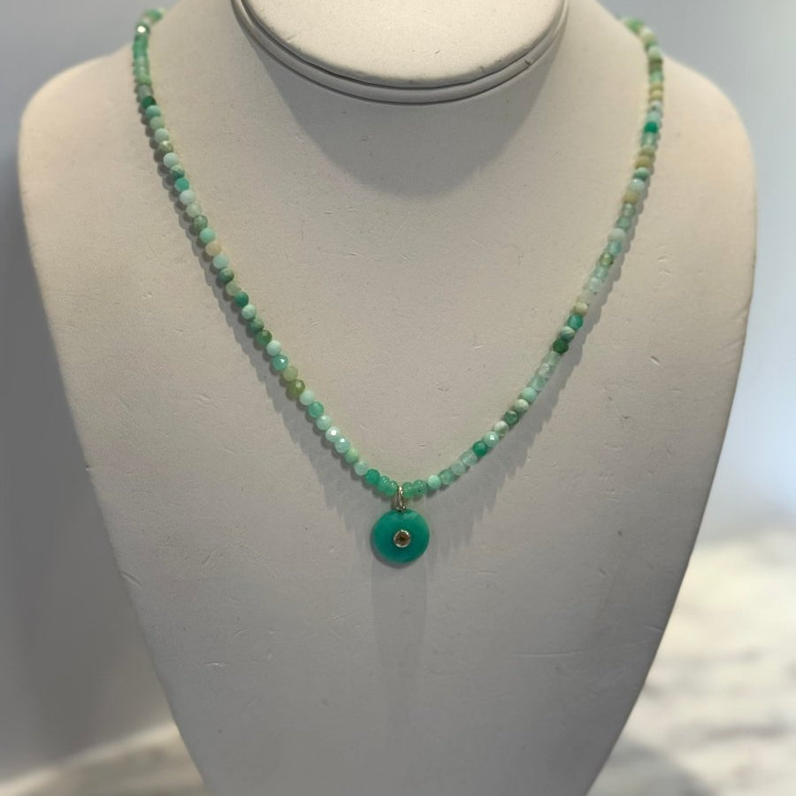 Chrysoprase Pendant With Citrine Center On Mixed Chrysoprase Rondelles NecklaceBeth ZinkNECKLACES